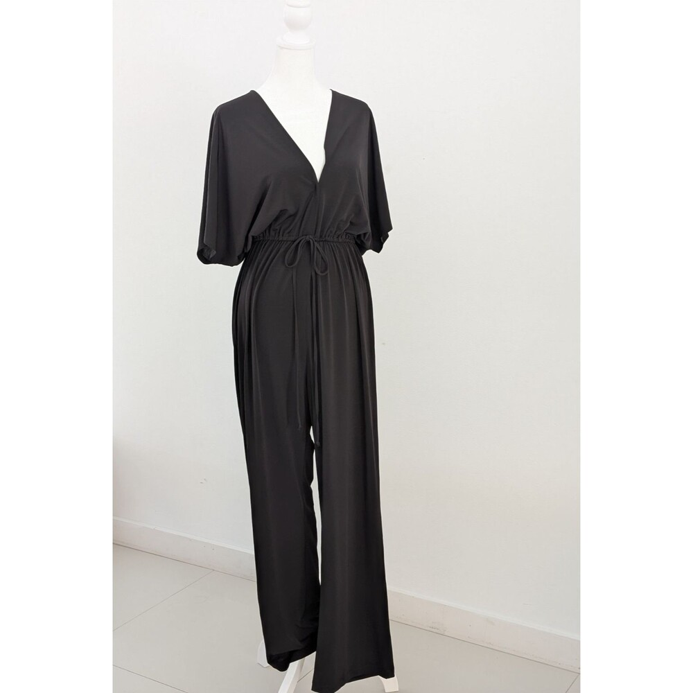 Kohkoh Jumpsuit Women L Black V-neck Dolman Sleeves Drawsting Waist Wide Leg